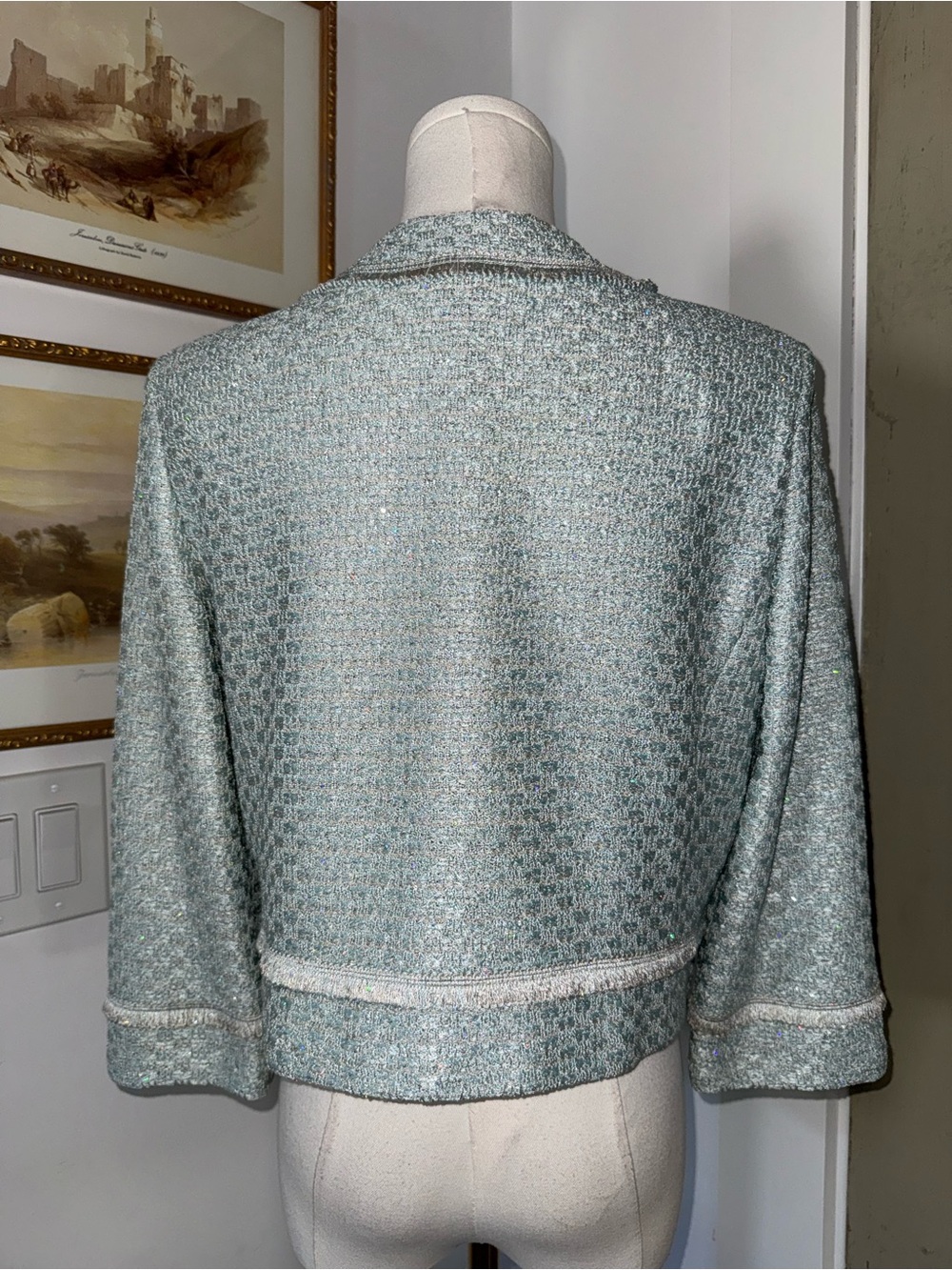St. John Collection Iridescent Sequin Tweed Open Front Jacket in Seafoam - Picture 6 of 13